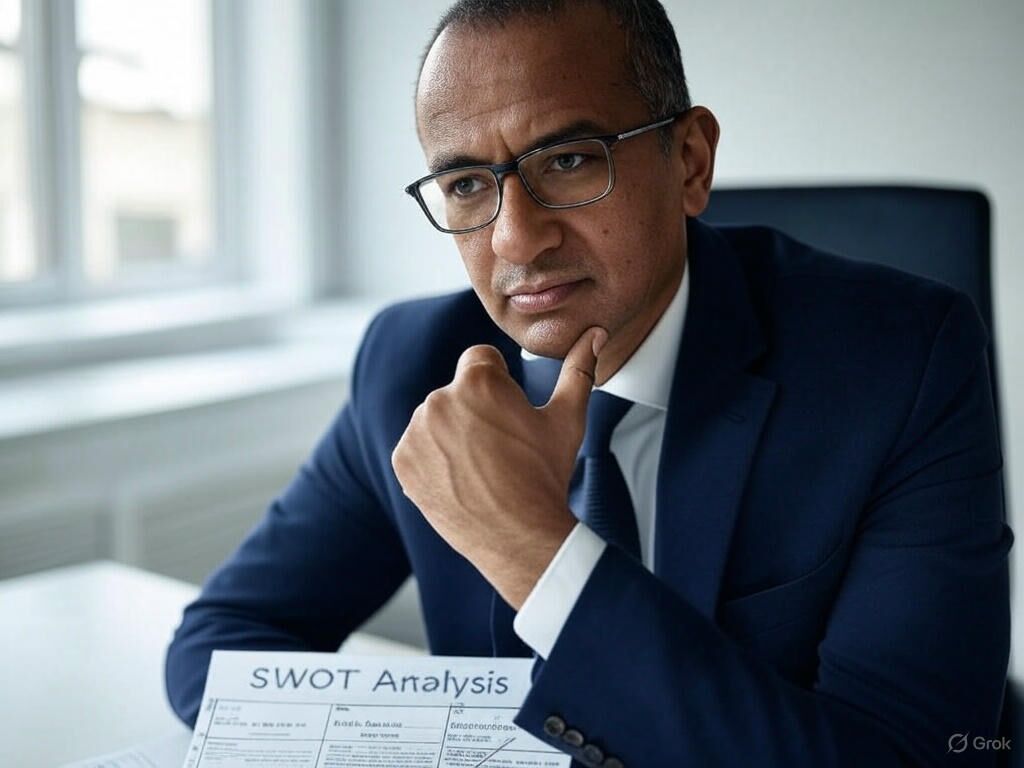 Business owner reviewing SWOT Analysis